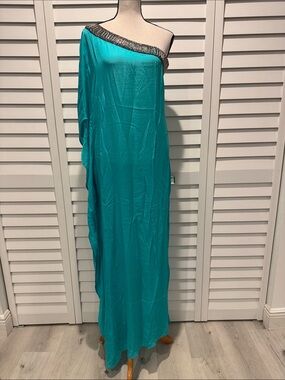 Renee’s NWOW One-Shoulder Turquoise Maxi Dress with Beaded Trim and side slit.